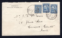 COLOMBIAN AIRMAILS - SCADTA - 1929 - DESTINATION: Cover franked with 1923 2 x 4c blue national issue and 1929 30c grey blue SCADTA issue (SG 395 & 60) tied by MEDELLIN SCADTA cds's dated 20. X. 1929. Addressed to CALCUTTA, INDIA with BARRANQUILLA transit cds on reverse. A scarce destination.  (COL/31546)