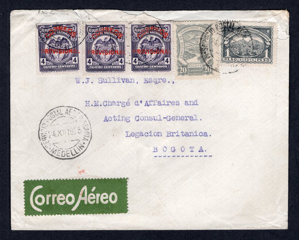 COLOMBIAN AIRMAILS - SCADTA - 1925 - RATE: Cover franked with pair & single 1925 4c purple national issue and 1923 20c grey and 1p blackish grey SCADTA issue (SG 406, 40 & 46) all tied by MEDELLIN SCADTA cds's dated 24. XII. 1925 with green airmail label alongside. Addressed to BOGOTA with arrival cds on reverse. A nice high rate, the 1p is uncommon on cover.  (COL/31548)