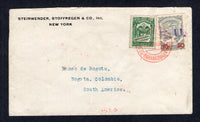 COLOMBIAN AIRMAILS - SCADTA - 1923 - CONSULAR OVERPRINTS & PROVISIONAL ISSUE: Cover with printed 'Steinwender, Stoffregen & Co, Inc New York' return address at top left franked with 1920 3c bright green PROVISIONAL 'Numeral' issue and 1923 30c on 20c grey SCADTA issue with 'E.U.' handstamp in violet for use in the USA (SG 384A & 56) tied by BARRANQUILLA SCADTA cds in red dated 17. XII. 1923. Addressed to BOGOTA with arrival cds on reverse. A rare provisional on cover.   (COL/31561)