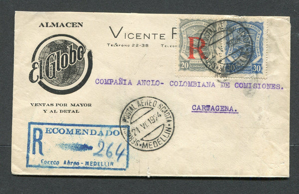 COLOMBIAN AIRMAILS - SCADTA - 1924 - REGISTRATION: Registered cover franked with SCADTA 1923 30c dull blue and 20c grey with 'R' Registration overprint in red (SG 41 & R50) tied by MEDELLIN SCADTA cds dated 21. VI. 1924 with boxed 'RECOMENDADO CORREO AEREO - MEDELLIN' registration marking in blue alongside. Addressed to CARTAGENA.  (COL/31569)