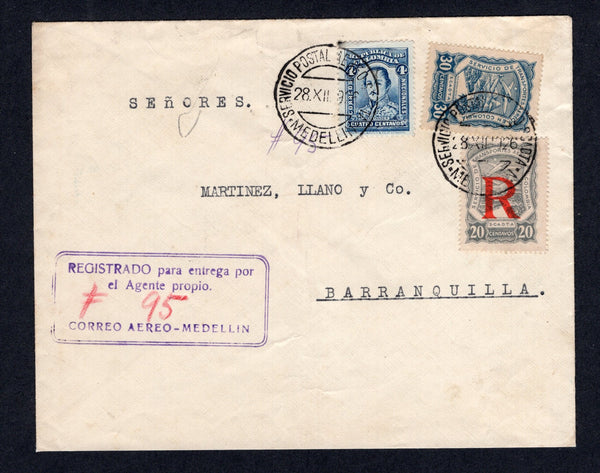 COLOMBIAN AIRMAILS - SCADTA - 1926 - REGISTRATION: Registered cover franked with 1923 4c blue national issue and SCADTA 1923 30c dull blue and 20c grey with 'R' Registration overprint in red (SG 395, 41 & R50) tied by MEDELLIN SCADTA cds dated 28. XII. 1926 with fine strike of boxed 'REGISTRADO para entrega por el Agente propio CORREO AEREO - MEDELLIN' registration marking in purple alongside. Addressed to BARRANQUILLA.  (COL/31571)