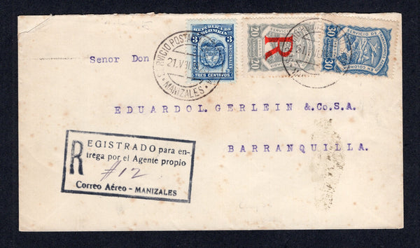 COLOMBIAN AIRMAILS - SCADTA - 1925 - REGISTRATION: Registered cover franked with 1923 3c blue national issue and SCADTA 1923 30c dull blue and 20c grey with 'R' Registration overprint in red (SG 394, 41 & R50) tied by MANIZALES SCADTA cds's dated 21. VIII. 1925 with fine strike of boxed 'REGISTRADO para entrega por el Agente propio CORREO AEREO - MANIZALES' registration marking in black alongside. Addressed to BARRANQUILLA.  (COL/31572)