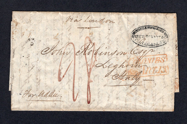 COLOMBIA - 1855 - FORWARDING AGENT & BRITISH POST OFFICE: Folded letter with light strike of CARTHAGENA cds of the British Post Office on reverse dated JAN 13 1855 with fine strike of oval RECEIVED & FORWARDED BY DRUCE, ECKART & Co. CARTHAGENA. N.G. marking in black with additional strike on front. Addressed to ITALY with boxed COLONIES ART 13 French transit mark, British transit cds on reverse along with LIVORNO arrival cds.  (COL/31574)