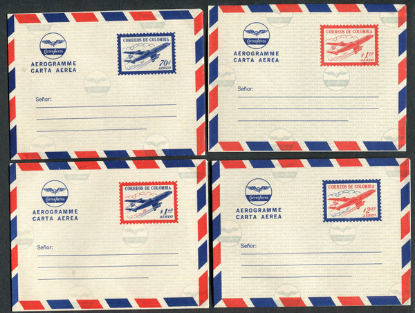 COLOMBIA - 1970 - POSTAL STATIONERY: 70c dark blue & red, $1.20 red, $1.40 blue & red and $2.50 red & blue postal stationery airmail lettersheets (H&G FG2/FG5) all fine unused.  (COL/31578)