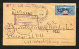 COLOMBIA - 1919 - CANCELLATION, REGISTRATION & ROUTING: Cover franked on reverse with 1917 5c dull blue (SG 361) tied by COLOMBIA CORREOS NALES SOATA cds dated SEP 25 1919 with 1917 10c deep blue 'Registration' issue (SG R370) on front cancelled with manuscript 'No. 59' in red with RECOMENDADOS CUCUTA cds in blue alongside dated OCT 2 1919. Addressed to USA routed via Venezuela with small CORREOS VENEZUELA MARACAIBO cds and boxed 'MARACAIBO - VENEZUELA TRANSITO' registration marking both in violet on front