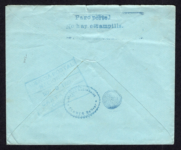 COLOMBIA - 1926 - STAMP SHORTAGE: Stampless cover with printed 'Arturo Martinez C, Comerciante, Carmen de Bolivar - Rep de Colombia' on front and fine strike of two line 'PAGO PORTE NO HAY ESTAMPILLS' in blue on reverse with undated CARMEN - BOLIVAR duplex cancel in blue alongside. Addressed to CARTAGENA with boxed arrival mark in blue on reverse dated NOV 9 1926. A fine stamp shortage item from a small town.  (COL/31582)