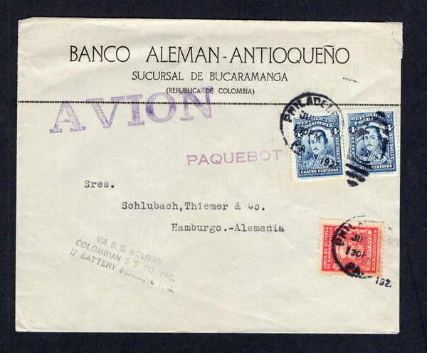 COLOMBIA - 1928 - MARITIME & CINDERELLA: Cover from BARRANQUILLA with company imprint at top franked with 1923 pair 4c blue (SG 395) and 1923 ½c red 'Junta Defensa  de Barranquilla' voluntary TAX label all tied by PHILADELPHIA arrival cds's dated JUL 1927 with straight line 'PAQUEBOT' marking and three line 'VIA S.S. BOLIVAR COLOMBIAN S.S. CO. INC. 17 BATTERY PLACE N.Y.C.' ship cachet in black alongside. Addressed to GERMANY. Attractive.  (COL/31584)