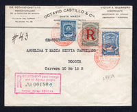 COLOMBIAN AIRMAILS - SCADTA - 1923 - REGISTRATION: Registered cover franked with 1923 3c blue national issue and SCADTA 1923 30c dull blue and 20c grey with 'R' Registration overprint in red (SG 394, 41 & R50) tied by BARRANQUILLA SCADTA cds's dated 28. VI. 1923 with fine strike of boxed 'REGISTRADO para entrega por el Agente propio CORREO AEREO - BQUILLA' registration marking in magenta alongside. Addressed to BOGOTA.  (COL/31662)