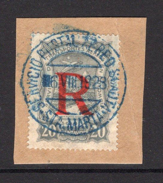 COLOMBIAN AIRMAILS - SCADTA - 1923 - REGISTRATION & CANCELLATION: 20c grey with large 'R' overprint in red tied on piece by superb STA MARTA SCADTA cds in blue date 6 VIII. 1923. (SG R50)  (COL/31902)