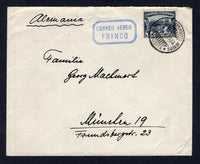 COLOMBIAN AIRMAILS - SCADTA - 1933 - OFFICIAL MAIL: Cover franked with single 1932 8c blue (SG 432) tied by BOGOTA SCADTA cds dated 8 IV. 1932 with fine strike of boxed 'CORREO AEREO FRANCO' marking in blue alongside. Addressed to GERMANY with BARRANQUILLA transit cds on reverse.  (COL/31951)