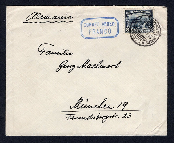 COLOMBIAN AIRMAILS - SCADTA - 1933 - OFFICIAL MAIL: Cover franked with single 1932 8c blue (SG 432) tied by BOGOTA SCADTA cds dated 8 IV. 1932 with fine strike of boxed 'CORREO AEREO FRANCO' marking in blue alongside. Addressed to GERMANY with BARRANQUILLA transit cds on reverse.  (COL/31951)