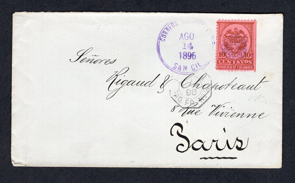 COLOMBIA - 1895 - CANCELLATION: Cover franked with 1892 10c brown on rose (SG 155) tied by fine strike of SAN GIL duplex cds dated AUG 14 1896. Addressed to FRANCE with BARRANQUILLA transit cds on reverse and part strike of octagonal LIGNE A PAQ. FR No.2 French maritime cds on front.  (COL/32060)