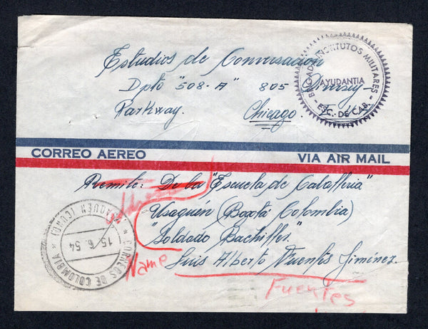 COLOMBIA - 1954 - MILITARY MAIL: Stampless airmail cover with circular 'BRIGADA INSTITUTOS MILITARES ESC. DE CAB AYUDANTIA' cachet at top right with soldiers details in lower half of the cover with CORREOS DE COLOMBIA YSAQUEN (CUND) cds dated 15. 6. 1954 alongside. Addressed to USA with BOGOTA transit cds on reverse.  (COL/32931)