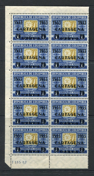 COLOMBIA - 1934 - MULTIPLE: 20c on 1p bistre & deep blue '400th Anniversary of Cartagena' overprint issue, a superb unmounted mint block of ten comprising two complete columns from the sheet with sheet margins on three sides and small 'I 135_32' imprint in bottom left corner. (SG 456)  (COL/33111)