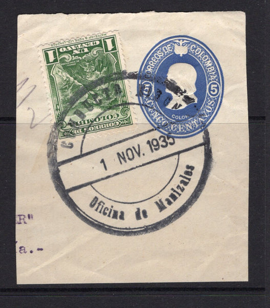 COLOMBIAN PRIVATE EXPRESS COMPANIES - 1934 - RIBON: 5c blue cut out from a postal stationery envelope (H&G B18) with added 1932 1c deep green (SG 429) tied by superb strike of large CONDUCTO RIBON OFICINA DE MANIZALES cds dated 1 NOV 1935.  (COL/33121)