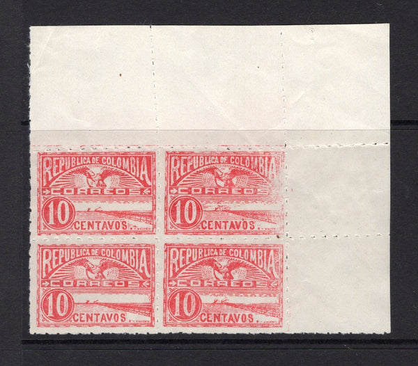COLOMBIA - 1902 - 1000 DAYS WAR: 10c scarlet 'Barranquilla' issue, pin-perf, a fine mint corner marginal block of four. (SG 215B)  (COL/33618)