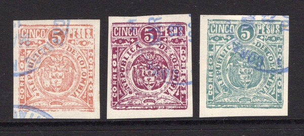 COLOMBIA - 1903 - 1000 DAYS WAR: 5p brown, 5p purple & 5p blue green 'Barranquilla' issue, imperf, all fine cds used copies. (SG 237A/239A)  (COL/33632)