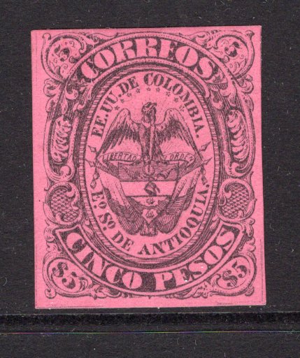 COLOMBIAN STATES - ANTIOQUIA - 1873 - CLASSIC ISSUES: 5p black on rose 'High Value' issue, a fine mint copy with four large margins. Uncommon & underrated. (SG 18)  (COL/33666)