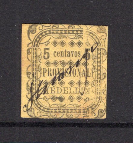 COLOMBIAN STATES - ANTIOQUIA - 1888 - CANCELLATION: 5c black on yellow 'Typeset' provisional issue used with ITUANGO manuscript cancel. Tight margins. Uncommon issued genuinely used. (SG 72)  (COL/33673)