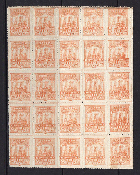COLOMBIAN STATES - BOYACA - 1904 - MULTIPLE: 10c yellow orange, perf 12, a fine mint block of twenty five. Scarce multiple. (SG 12)  (COL/33683)
