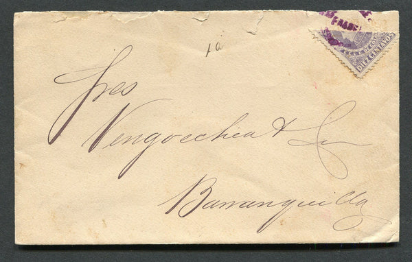 COLOMBIAN STATES - BOLIVAR - 1888 - BISECT: Cover with 'BANCO UNION OCT 12 1888 CARTAGENA' handstamp in purple on reverse franked with diagonally BISECTED 1880 10c mauve on white wove paper (SG 20) tied by undated CARTAGENA FRANCA cancel in purple. Addressed to BARRANQUILLA. Very scarce.  (COL/33701)