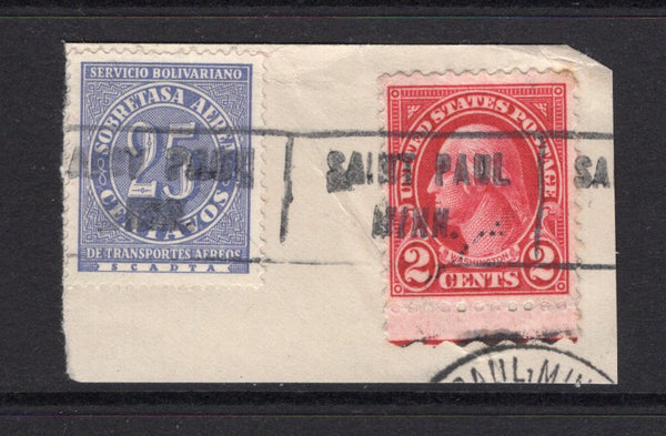 COLOMBIAN AIRMAILS - SCADTA - 1929 - GOLD CURRENCY ISSUE & COMBINATION: 25c blue violet 'Gold Currency' issue used on piece in combination with USA 1922 2c carmine tied by undated boxed SAINT PAUL MINN cancels (SG 75 & 562)  (COL/34256)