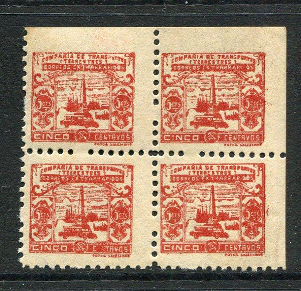 COLOMBIAN PRIVATE EXPRESS COMPANIES - 1931 - COMPANIA DE TRANSPORTES TERRESTRES: 5c brownish red 'Compania de Transportes Terrestres' EXPRESS issue, small type showing bus & monument.  A fine unmounted mint corner marginal block of four. (Hurt & Williams # S21)  (COL/34421)