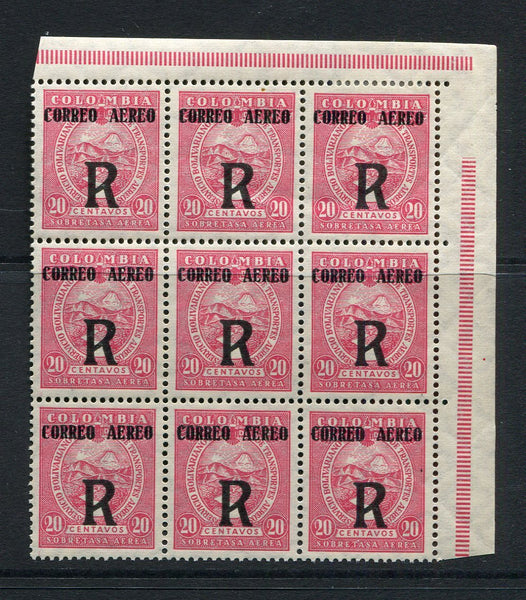 COLOMBIA - 1932 - MULTIPLE: 20c rose red Registration stamp with 'CORREO AEREO' and  'R' overprint in black on SCADTA issue. A fine mint corner marginal block of nine. (SG R426)  (COL/34574)