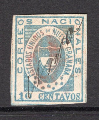 COLOMBIA - 1861 - CLASSIC ISSUES: 10c blue 'United States of New Granada' issue a very fine four margin copy used with light strike of '0' rate marking in red and NEIVA manuscript cancel. (SG 13)  (COL/34724)