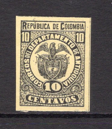 COLOMBIAN STATES - ANTIOQUIA - 1889 - COLOUR TRIAL: 10c black on yellow 'Arms' issue imperf COLOUR TRIAL in unissued colour (the issued stamp was printed in black on green). A fine example. (As SG 77)  (COL/34746)