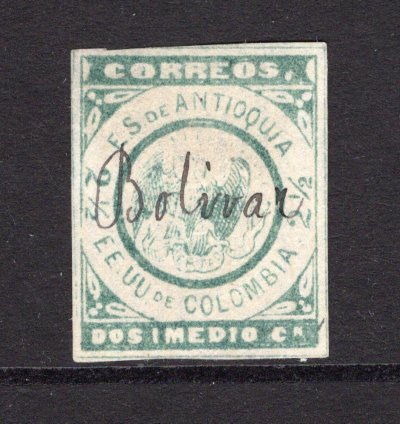 COLOMBIAN STATES - ANTIOQUIA - 1882 - CLASSIC ISSUES & CANCELLATION: 2½c green on LAID paper, a superb used four margin copy with BOLIVAR manuscript cancel. A scarce stamp. (SG 33)  (COL/35002)