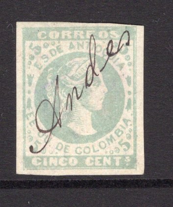 COLOMBIAN STATES - ANTIOQUIA - 1882 - CLASSIC ISSUES & CANCELLATION: 5c green 'Liberty' issue on LAID paper, a very fine used four margin copy with ANDES manuscript cancel. Small thin on reverse. A scarce stamp. (SG 34)  (COL/35004)