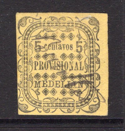 COLOMBIAN STATES - ANTIOQUIA - 1888 - PROVISIONAL ISSUE & CANCELLATION: 5c black on yellow 'Typeset' provisional issue, a fine used copy with BURITICA manuscript cancel. A rare cancel and a very scarce issue in genuine used condition. (SG 72)  (COL/35014)