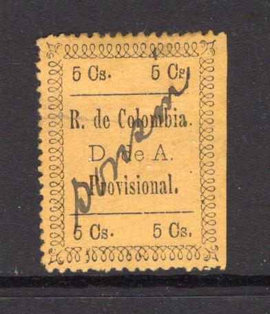 COLOMBIAN STATES - ANTIOQUIA - 1890 - PROVISIONAL ISSUE & CANCELLATION: 5c black on yellow 'Typeset' provisional issue used with SONSON manuscript cancel. Straight edge at right but a scarce issue genuinely used. (SG 85)  (COL/35017)