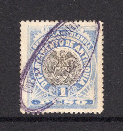 COLOMBIAN STATES - ANTIOQUIA - 1896 - ARMS ISSUE: 1p black & ultramarine 'Bi-coloured' ARMS issue, a fine used copy with oval MARINILLA cancel in purple. (SG 103)  (COL/35019)