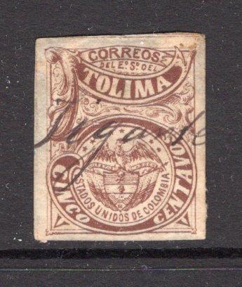 COLOMBIAN STATES - TOLIMA - 1879 - CANCELLATION: 5c brown used with JIGANTE manuscript cancel showing mis-spelling, the town is named GIGANTE. (SG 18)  (COL/35033)