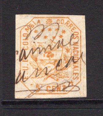 COLOMBIA - 1862 - CLASSIC ISSUES: 5c orange on white paper, a fine used four margin copy with part manuscript cancel showing variety 'STAR AFTER CENT'. (SG 21a)  (COL/35057)