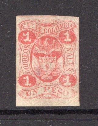 COLOMBIA - 1866 - CLASSIC ISSUES: 1p carmine, a fine mint bottom marginal copy with full O.G. Tiny thin on reverse. (SG 48a)  (COL/35082)