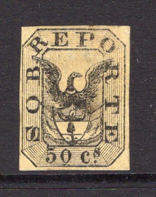 COLOMBIA - 1865 - CLASSIC ISSUES: 50c black on yellow 'SOBREPORTE' issue, a very fine four margin copy mint with full O.G. Rare as such. Tiny thin on reverse. (SG 40)  (COL/35093)