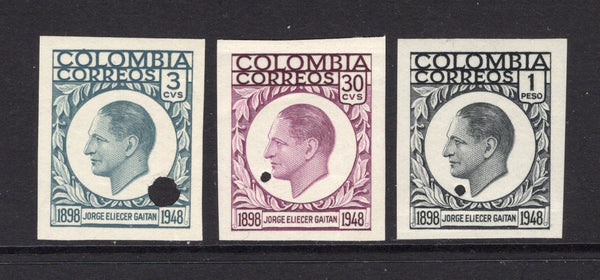 COLOMBIA - 1959 - COLOUR TRIAL: 3c grey, 30c purple and 1p black UNISSUED 'Gaitan Commemoration' issue 'Waterlow' IMPERF PLATE PROOFS with gum. Scarce. (As SG 956)  (COL/35133)