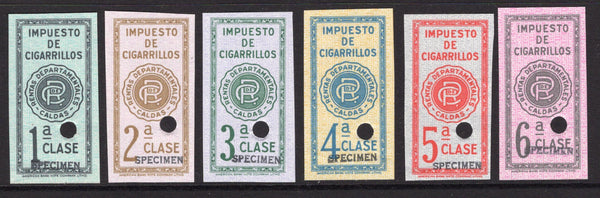 COLOMBIA - Circa 1940 - REVENUES: 'Rentas Departamentales CALDAS' IMPUESTO DE CIGARRILLOS Revenue issue set of six printed on security paper, imperf with each stamp overprinted SPECIMEN in black & with small hole punch. (Anyon #13/18)  (COL/35147)