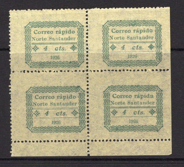 COLOMBIAN PRIVATE EXPRESS COMPANIES - 1926 - CORREO RAPIDO DE NORTE SANTANDER: 4c blue on yellow pelure paper 'Correo Rapido de Norte Santander' EXPRESS issue a superb unused bottom marginal block of four with variety 'RAPIDN' FOR 'RAPIDO' on bottom right hand stamp. Very scarce in multiples. (Hurt & Williams #S1 & S1d)  (COL/35151)