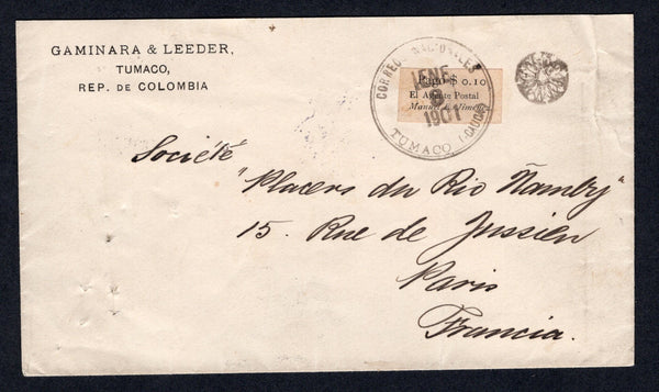 COLOMBIA - 1901 - POSTMASTER PROVISIONALS: Cover with printed 'Gaminara & Leeder, Tumaco, Rep. de Colombia' return address at top left and manuscript 'Pase. El Prefecto Lemos' on reverse franked on front with 1901 10c black on white 'Pago $0.10 El Agente Postal Manuel E. Jimenez' postmaster's typeset PROVISIONAL issue, imperf tied by CORREOS NACIONALES TUMACO (CAUCA) cds dated JAN 8 1901. Addressed to FRANCE with PANAMA transit cds and French arrival cds on reverse. Light vertical crease but rare.