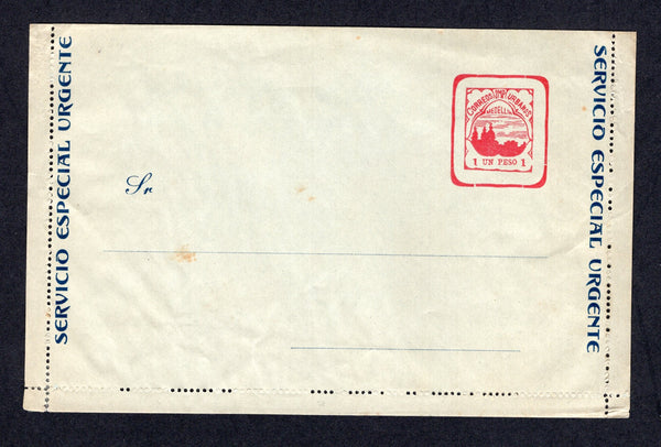 COLOMBIAN PRIVATE EXPRESS COMPANIES - 1904 - MEDELLIN - POSTAL STATIONERY: 1p red & dark blue on light green 'Correos Urbanos Medellin' postal stationery lettercard (H&G MA1). A fine unused example inscribed 'S. DE M.P. Porte franco por los Correos Urbanos' on reverse. The outer perforations of the card are stuck together. A rare item.  (COL/35170)