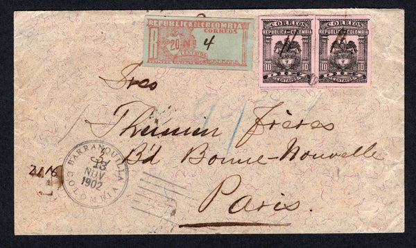 COLOMBIA - 1904 - 1000 DAYS WAR & REGISTRATION: Registered cover with 'Administracion de Correos Nacionales Honda' handstamp in green on reverse franked with 1902 pair 10c black on pink 'Bogota' issue and 20c red brown on blue 'Registration' issue both imperf (SG 197A & 207A) cancelled with manuscript pen strokes with BARRANQUILLA transit cds on front. Addressed to FRANCE  with arrival cds on reverse. Very attractive.  (COL/35172)