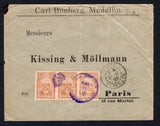 COLOMBIA - 1903 - 1000 DAYS WAR: Cover franked with strip of three 1902 20c bistre on buff 'Bogota' issue, imperf (SG 198A) tied by MEDELLIN cds dated OCT 16 1903. Addressed to FRANCE with arrival cds on front.  (COL/35174)