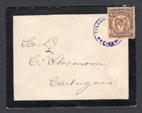 COLOMBIA - 1919 - STAMP SHORTAGE & POSTAL FISCAL: Mourning cover franked with 1916 3c light brown 'Timbre Nacional' REVENUE issue (Anyon #372) tied by undated COLOMBIA RECIBO NACIONALES cds in purple of BOGOTA. Addressed to CARTAGENA with CARTAGENA TRANSITO arrival cds dated JUN 1919 on reverse.  (COL/35179)