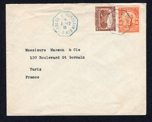 COLOMBIA - 1936 - MARITIME & CANCELLATION: Cover franked with 1932 5c brown and 1934 10c orange (SG 431 & 460) tied by octagonal COLON A BORDEAUX L. D No.3 French maritime cancel in blue dated 3. 12 1936 with second fine strike alongside. Addressed to FRANCE with arrival cds on reverse.  (COL/35187)