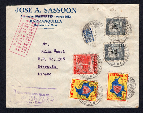 COLOMBIA - 1953 - DESTINATION: Registered cover franked with 1937 10c scarlet, 2 x 1951 20c red, yellow & blue plus 1952 5c blue TAX issue and 2 x AVIANCA 1951 60c grey 'A' overprint issue (SG 488, 735, 755 & 16a) all tied by BARRANQUILLA cds's with boxed registration marking. Sent airmail to BEYROUT, LEBANON with transit & arrival marks on reverse.  (COL/35190)