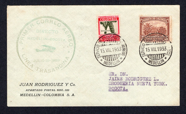 COLOMBIA - 1933 - FIRST FLIGHT: Cover franked with 1932 5c brown and 20c bronze green & carmine AIR issue (SG 431 & 439) tied by MEDELLIN cds's dated 15 VII 1933. Flown on the Trasandina flight from Medellin to Bogota with large green circular 'PRIMER CORREO AEREO DIRECTO MEDELLIN - BOGOTA LINEA TRASANDINA JULIO 15 1933' airplane cachet on front. Addressed to BOGOTA with arrival cds on reverse. A scarce flight. (Muller #84)  (COL/35196)